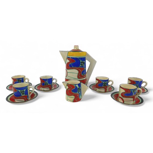 213 - A Clarice Cliff coffee set, decorated in the 'Sunrise (red)' pattern, circa 1929, comprising six cof... 