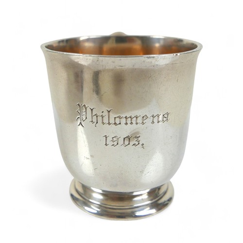 113 - A silver presentation small tankard and a silver serviette ring, total weight 257.9g/8.2toz. (2)