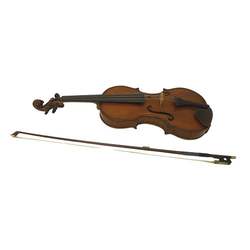 258 - A 20th century violin, with a 36cm two piece back, hand written label 