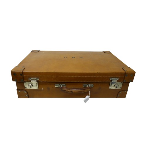 286 - A George V fitted tan leather suitcase by Drew and Sons London, fittings include five silver top bot... 