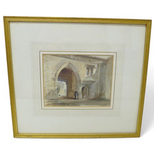 325 - English School 19th century, watercolour of an ecclesiastical scene with ornate arched entranceway  ... 