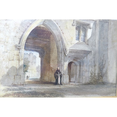 325 - English School 19th century, watercolour of an ecclesiastical scene with ornate arched entranceway  ... 