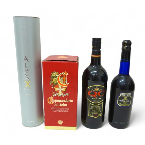 264 - Four bottles of wine / spirits, to include Alexx Cognac V./S Silver (Ukrainian Tavria) in tube, boxe... 