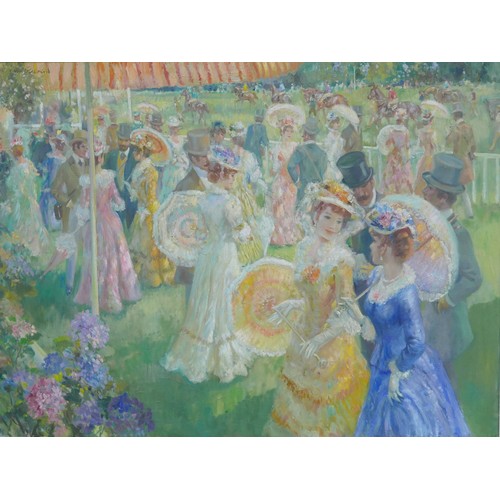 328 - John Strevens (British, 1902-1990): Belle Epoque style social gathering at the races, signed, 90.5 b... 