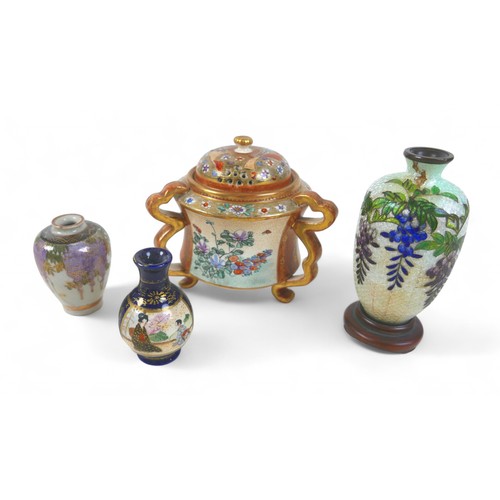 166 - Four oriental items, comprising a Satsuma lidded potpourri, two miniature vases and a cloisonné vase... 