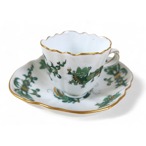 187 - A pair of Meissen green dragon cups and saucers, 13 by 12 by 7cm high.