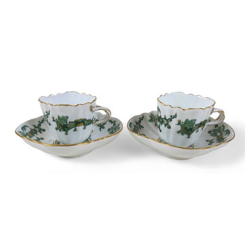 187 - A pair of Meissen green dragon cups and saucers, 13 by 12 by 7cm high.