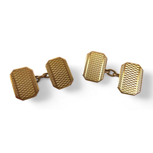 52 - A pair of 9ct yellow gold cufflinks, a tie clip and a pin, total weight 10.5g. (4)