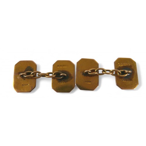 52 - A pair of 9ct yellow gold cufflinks, a tie clip and a pin, total weight 10.5g. (4)