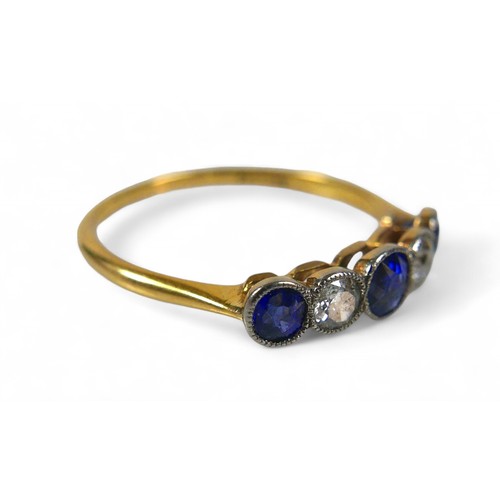 36 - An 18ct yellow gold diamond and sapphire five stone ring, size R, weight 2.0g, diamonds approximatel... 