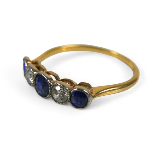 36 - An 18ct yellow gold diamond and sapphire five stone ring, size R, weight 2.0g, diamonds approximatel... 