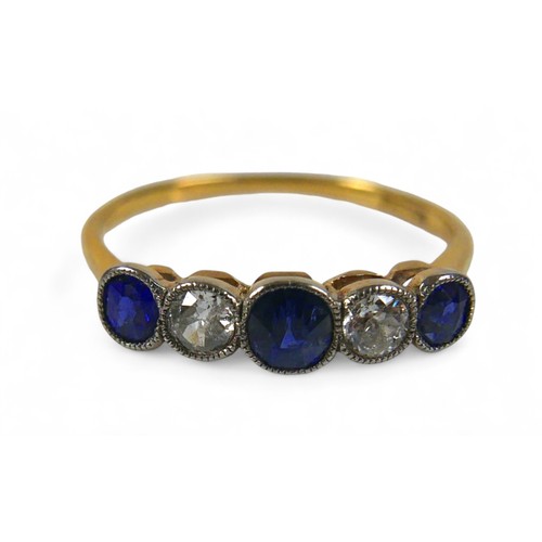 36 - An 18ct yellow gold diamond and sapphire five stone ring, size R, weight 2.0g, diamonds approximatel... 