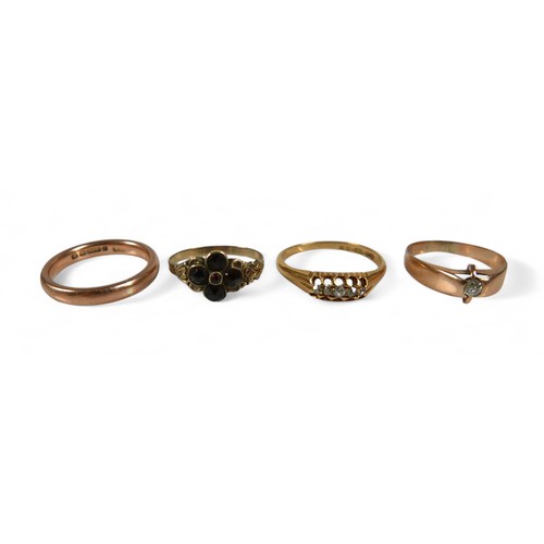 57 - Four yellow gold rings, comprising a 9ct band, size P, 3.7g, 15ct solitaire, size O, 1.45g, 18ct dia... 