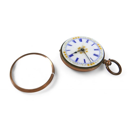 148 - A 9ct yellow gold pocket watch, base metal dust cover, a/f damaged, 35mm case, 28.3g.