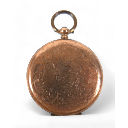 148 - A 9ct yellow gold pocket watch, base metal dust cover, a/f damaged, 35mm case, 28.3g.