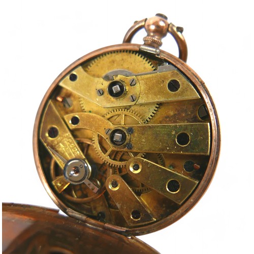 148 - A 9ct yellow gold pocket watch, base metal dust cover, a/f damaged, 35mm case, 28.3g.