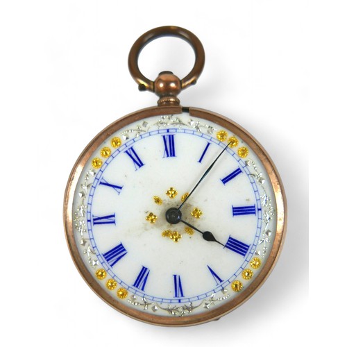 148 - A 9ct yellow gold pocket watch, base metal dust cover, a/f damaged, 35mm case, 28.3g.