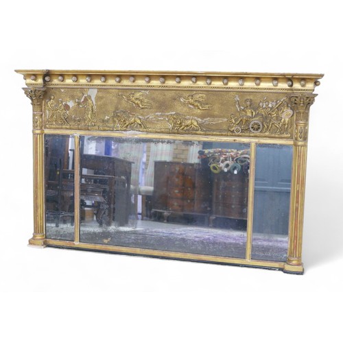 332 - A 19th century giltwood triptych overmantle mirror, 148.5 by 11.5 by 91.5cm high.