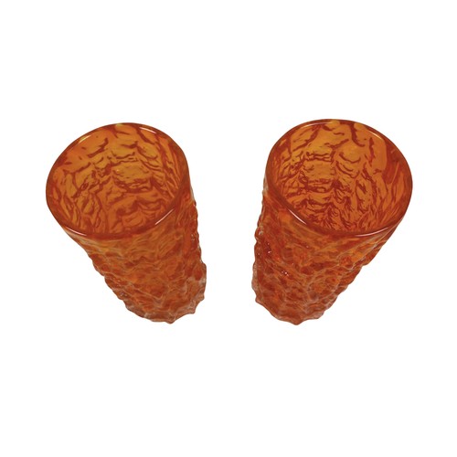 209 - A pair of Whitefriars bark effect tangerine glass vases, 8cm diameter by 19cm high.