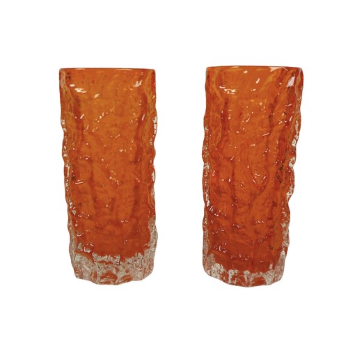 209 - A pair of Whitefriars bark effect tangerine glass vases, 8cm diameter by 19cm high.