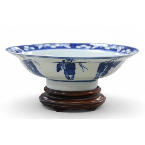 159 - Chinese porcelain, late 19th/early 20th century blue and white bowl, on raised foot, two character m... 