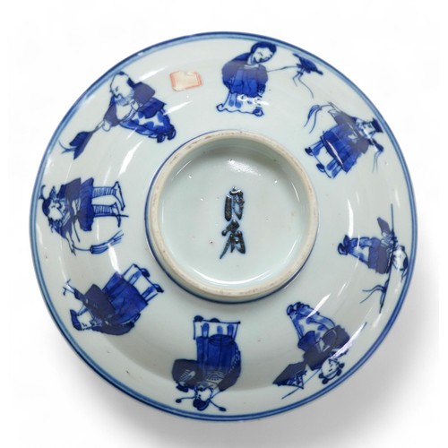 159 - Chinese porcelain, late 19th/early 20th century blue and white bowl, on raised foot, two character m... 