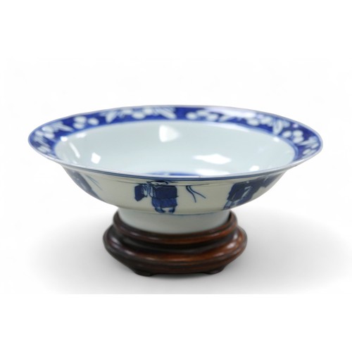 159 - Chinese porcelain, late 19th/early 20th century blue and white bowl, on raised foot, two character m... 