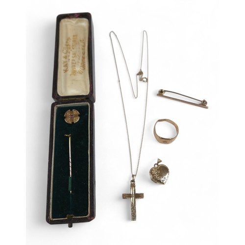 55 - Assorted gold and gilt jewellery, comprising two 9ct pins( one broken) a 9ct signet ring, 9ct crucif... 