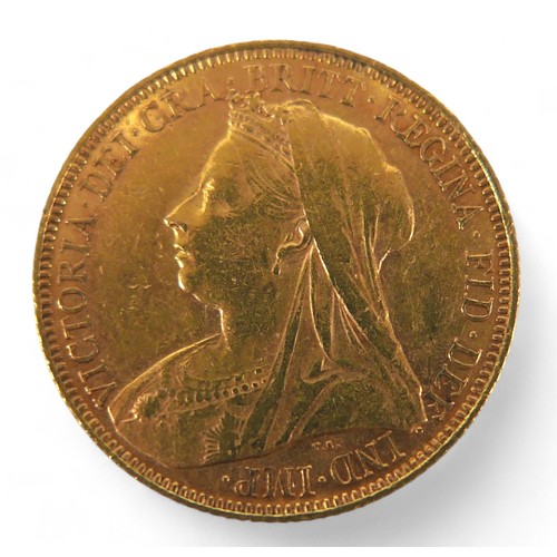 3 - A Victoria Old Veiled Head gold sovereign, 1900, Melbourne, Australia Mint.