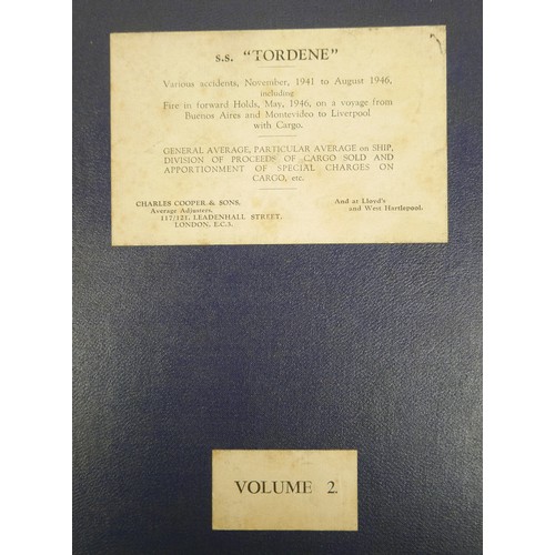 233 - Two volumes of loss adjustment logs for the S.S. Tordene, with both books detailing various accident... 