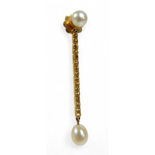 65 - A pair of 18ct gold pearl and yellow sapphire drop earrings, each earring with a two cultured pearls... 