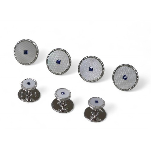 56 - A group of 9ct white gold and sapphires dress studs, three small studs with screw backs and four lar... 