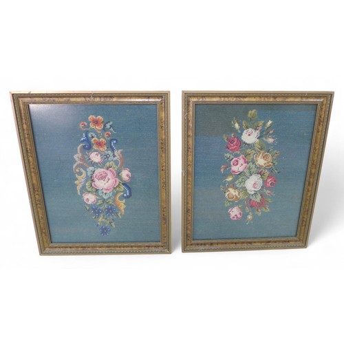 291 - A pair of framed needlepoint floral designs, frame size 23 by 2 by 28cm(2)