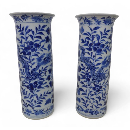 293 - A pair of Chinese blue and white cylinder vases and a famille rose vase, cylinder vases have four ch... 