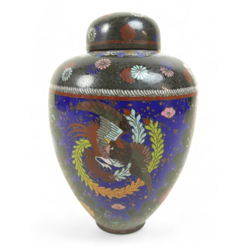 160 - Three cloisonné items, comprising a charger, bowl and lidded ginger jar, jar measures 12cm diameter ... 