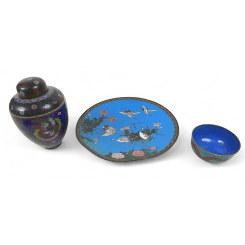 160 - Three cloisonné items, comprising a charger, bowl and lidded ginger jar, jar measures 12cm diameter ... 