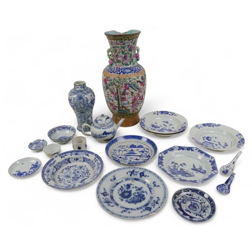 169 - A group of oriental blue and white items, and a famille rose vase, vase measures 20cm diameter by 45... 