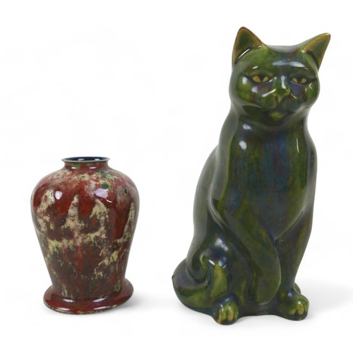 186 - A Cobridge stoneware vase and a Bretby type cat, cat measures 13 by 10 by 22cm high. (2)