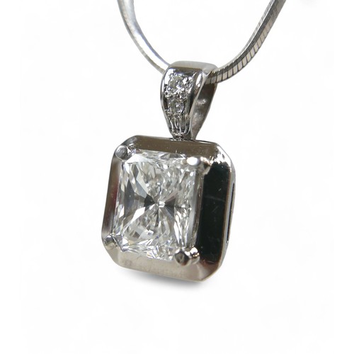 92 - A 2ct single stone diamond pendant on chain, the radiant cut diamond measures 8.49 by 6.63 by 4.51, ... 