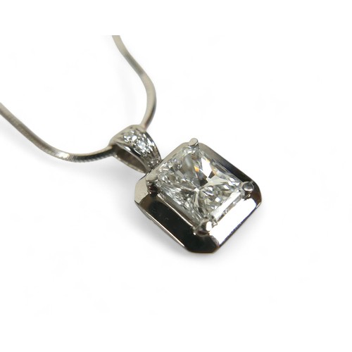 92 - A 2ct single stone diamond pendant on chain, the radiant cut diamond measures 8.49 by 6.63 by 4.51, ... 