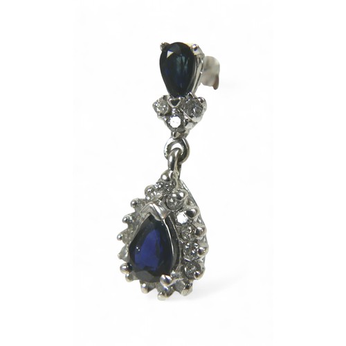 86 - A white gold sapphire and diamond earring and pendant necklace set, pear shaped setting in 14ct whit... 