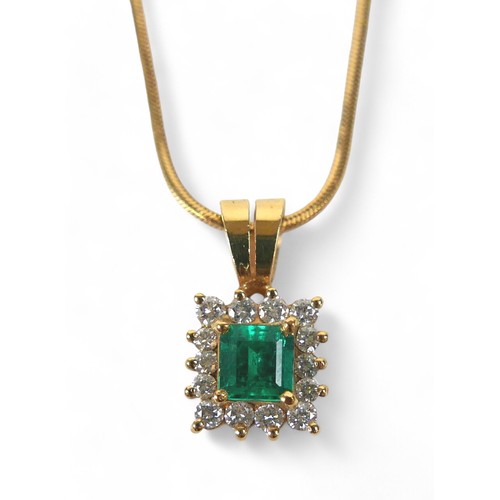 88 - An 18ct yellow gold emerald and diamond earring pendant set, on a 9ct yellow gold chain 44cm long, p... 