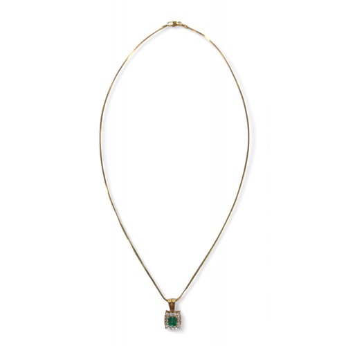 88 - An 18ct yellow gold emerald and diamond earring pendant set, on a 9ct yellow gold chain 44cm long, p... 