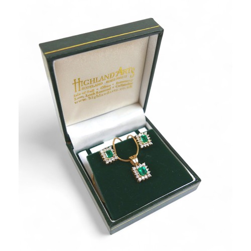 88 - An 18ct yellow gold emerald and diamond earring pendant set, on a 9ct yellow gold chain 44cm long, p... 