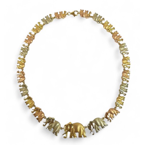 91 - An 18ct tri-colour gold suite of elephant jewellery, comprising a 45cm long necklace, bracelet, earr... 