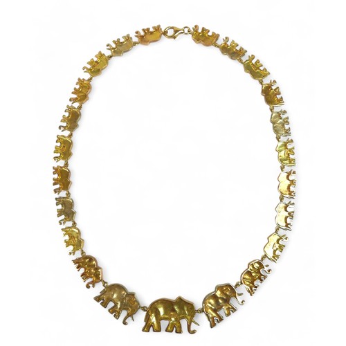 91 - An 18ct tri-colour gold suite of elephant jewellery, comprising a 45cm long necklace, bracelet, earr... 