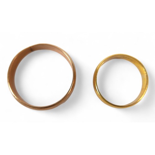 43 - Two gold band rings, comprising a 15ct ring size U, 5.5g and another which surface tests to 18ct, si... 