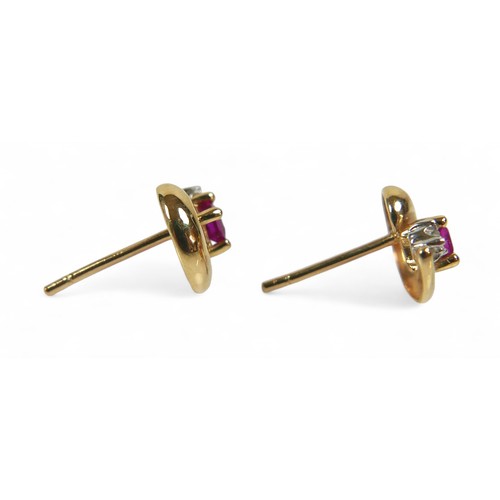 34 - A pair of 14ct gold diamond and ruby earrings, 9.5 by 7.8mm, 1.5g.