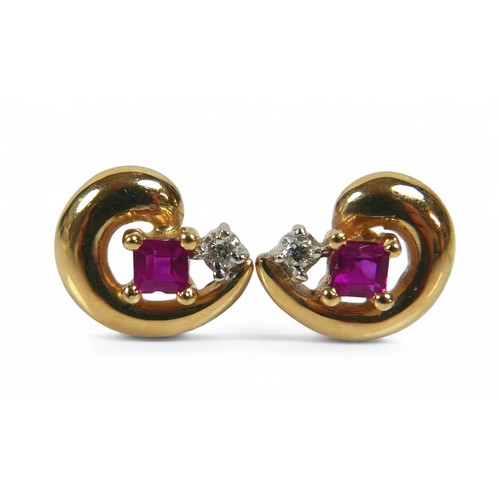 34 - A pair of 14ct gold diamond and ruby earrings, 9.5 by 7.8mm, 1.5g.