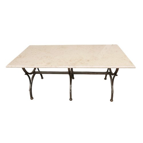 369 - A marble top forged steel dining table with eight dining chairs, 183 by 91 by 78cm.